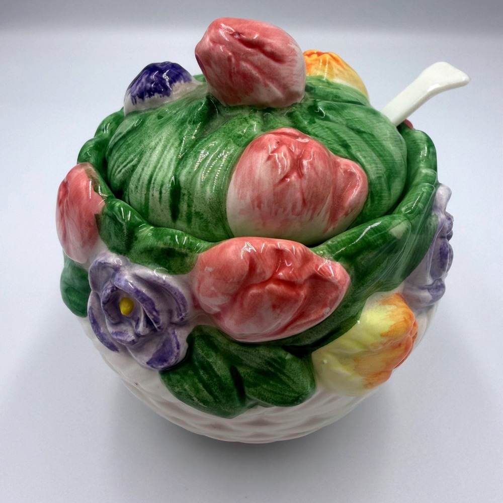 Otagiri Mary Ann Baker Floral Basket Jam Sugar Pot Bowl with Spoon Japan Vintage